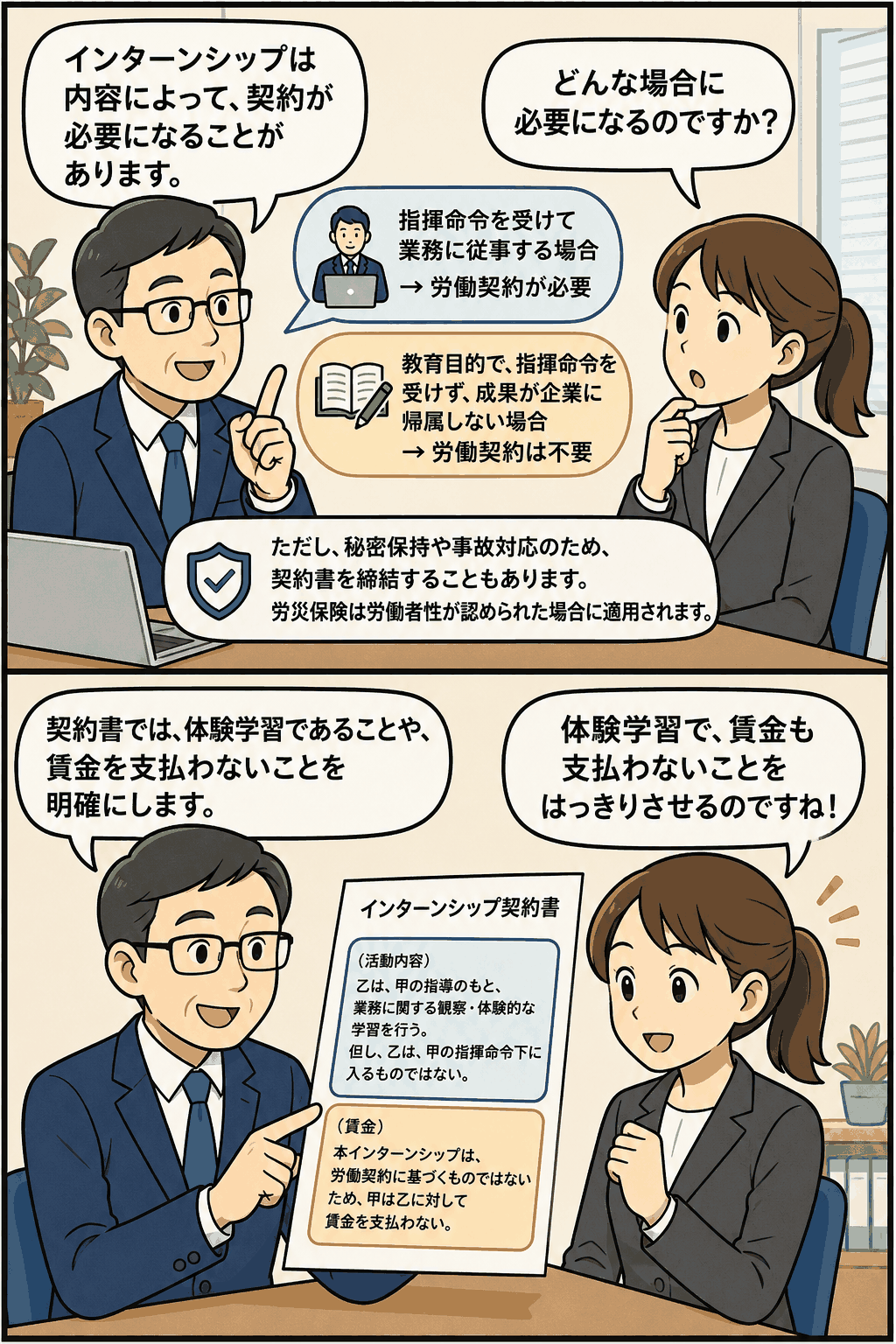 インターンシップで労働契約が必要となるケースと、教育目的で契約が不要となるケースを解説する図