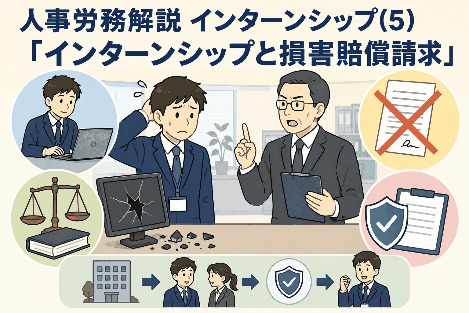 インターンシップ中の備品破損と損害賠償請求を解説する人事労務イラスト