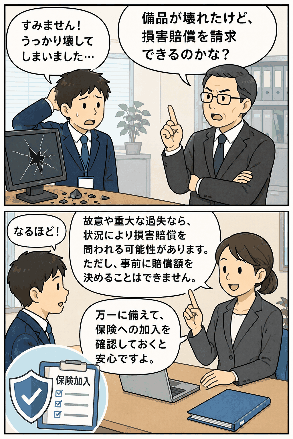 インターン生による備品破損と損害賠償請求、保険加入について解説する漫画