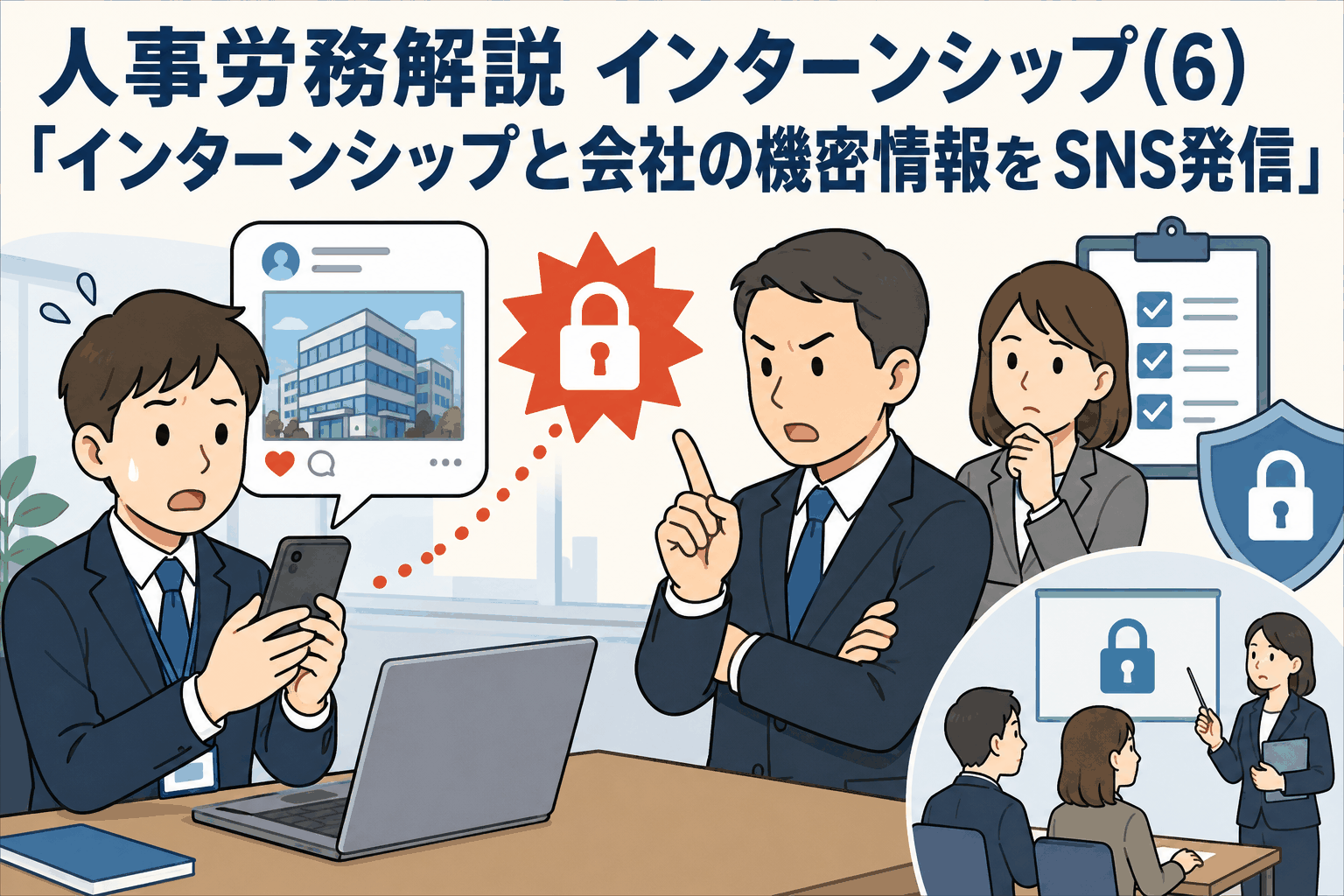 インターン生が会社の機密情報をSNSで発信した場合の対応と情報漏洩リスクを解説する人事労務イメージ