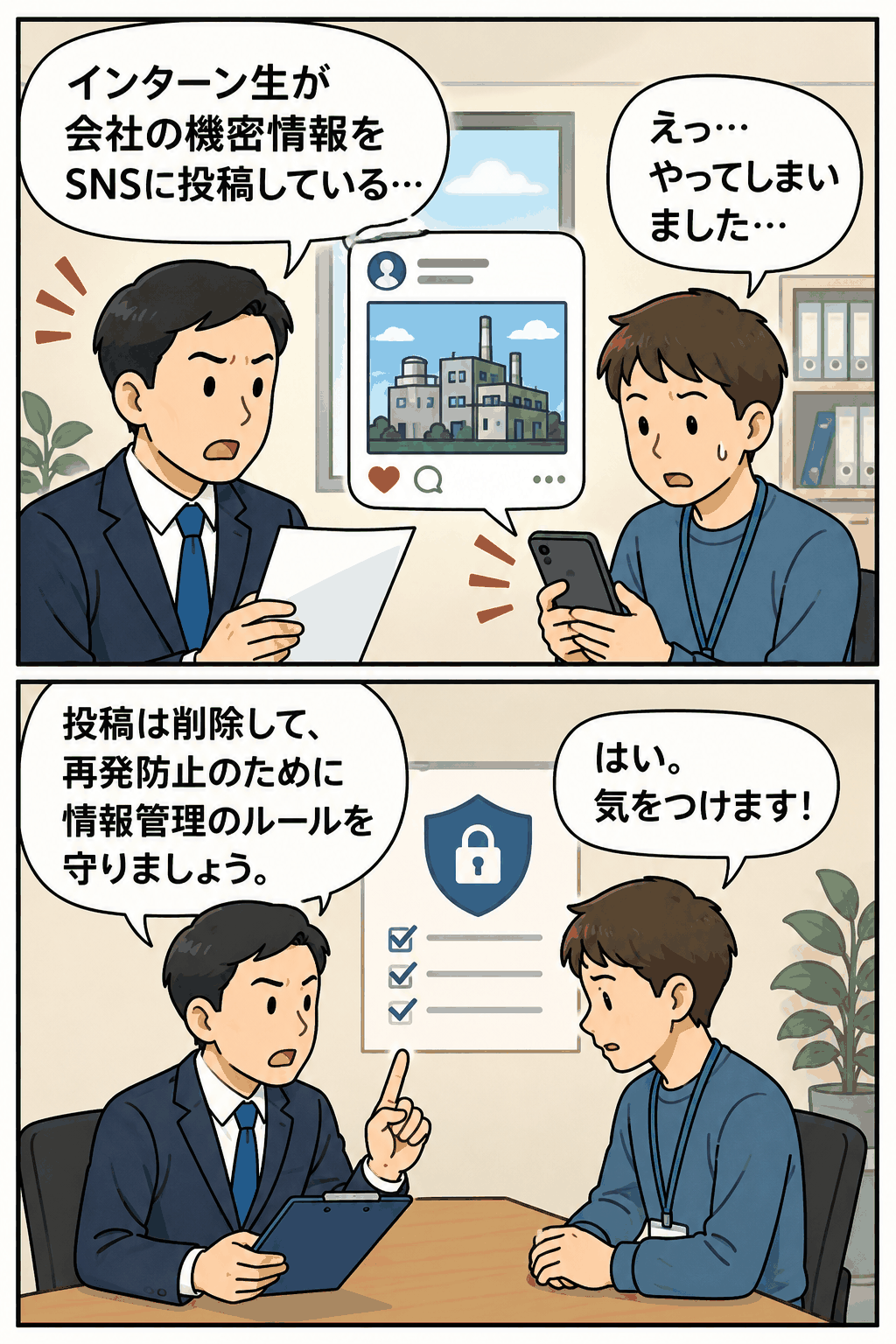 インターン生が会社の機密情報をSNSに投稿し、企業担当者から削除と再発防止の指導を受ける場面