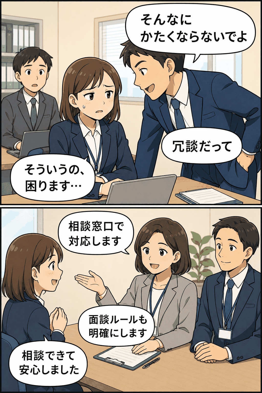 インターン生への就活ハラスメントと相談窓口での対応を描いたイラスト|セクハラ・パワハラ防止対策