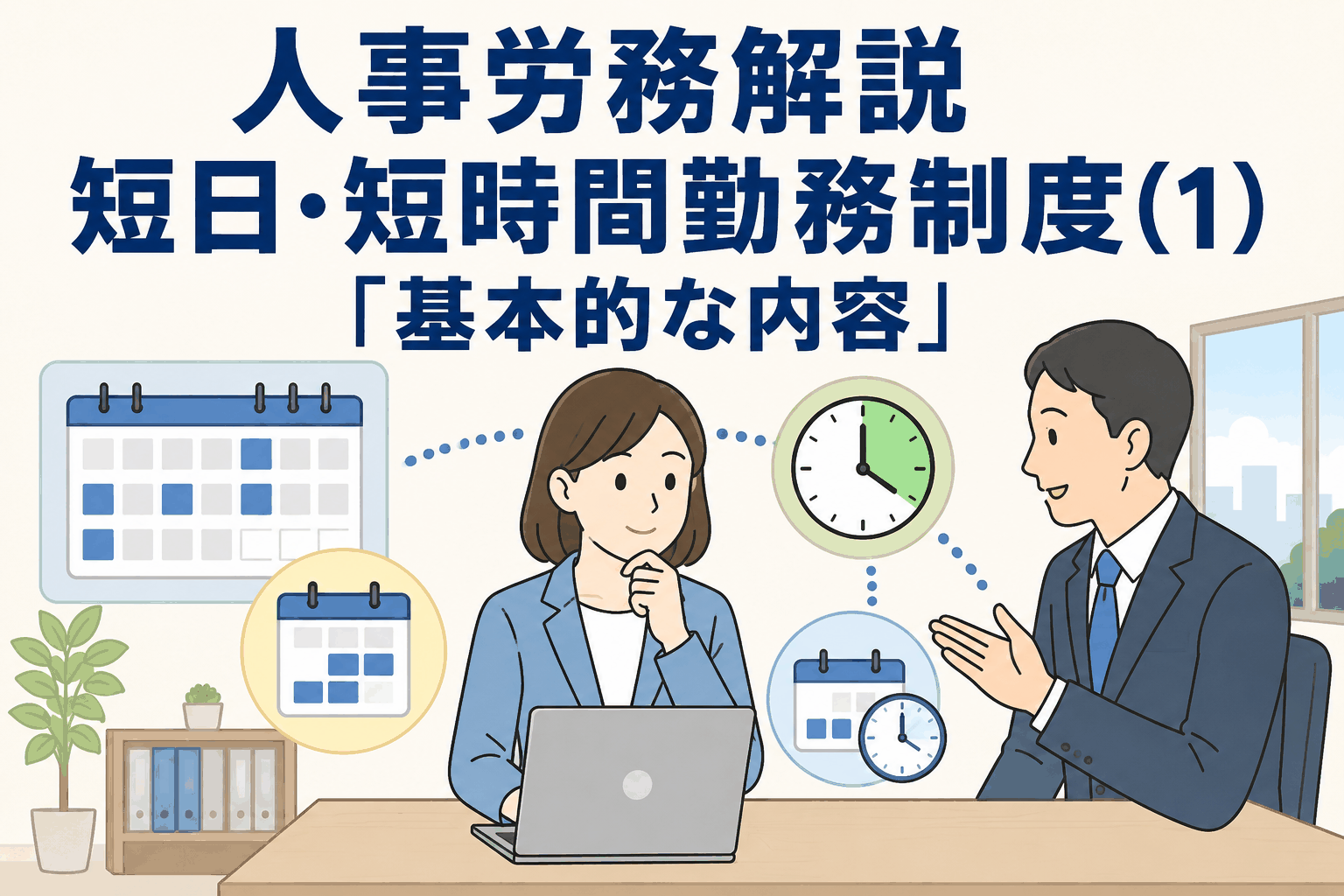 短日・短時間勤務制度の基本的な内容を解説する人事労務のイメージイラスト