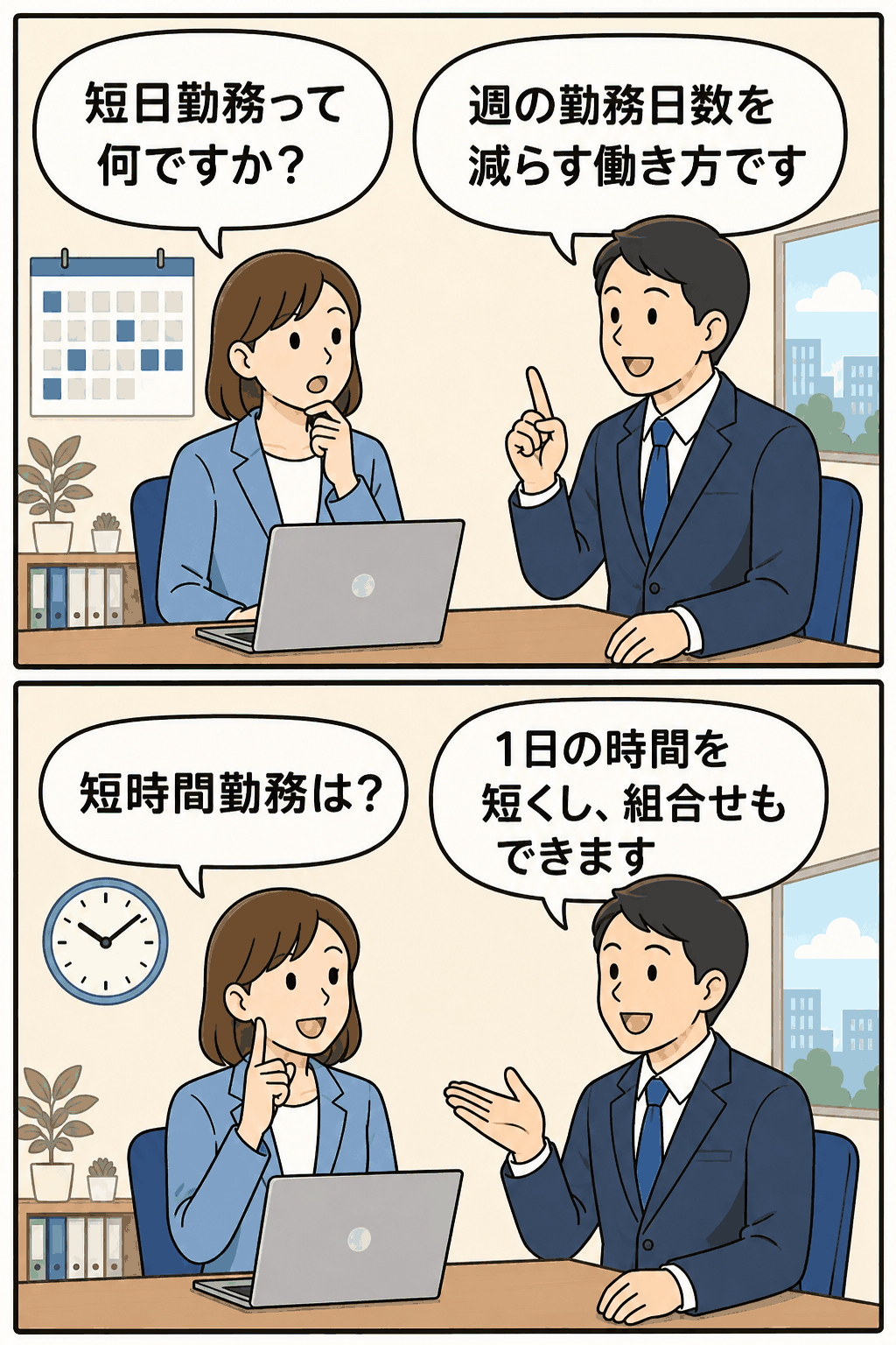 短日勤務と短時間勤務の違いを会話形式で解説する人事労務のイラスト