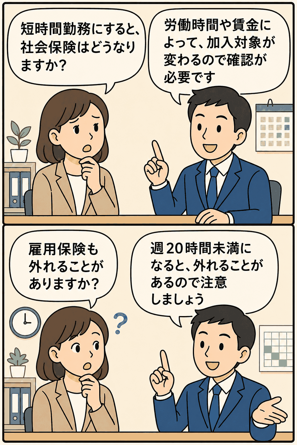 短時間勤務による社会保険・雇用保険の加入条件の変化を解説する人事労務のイラスト