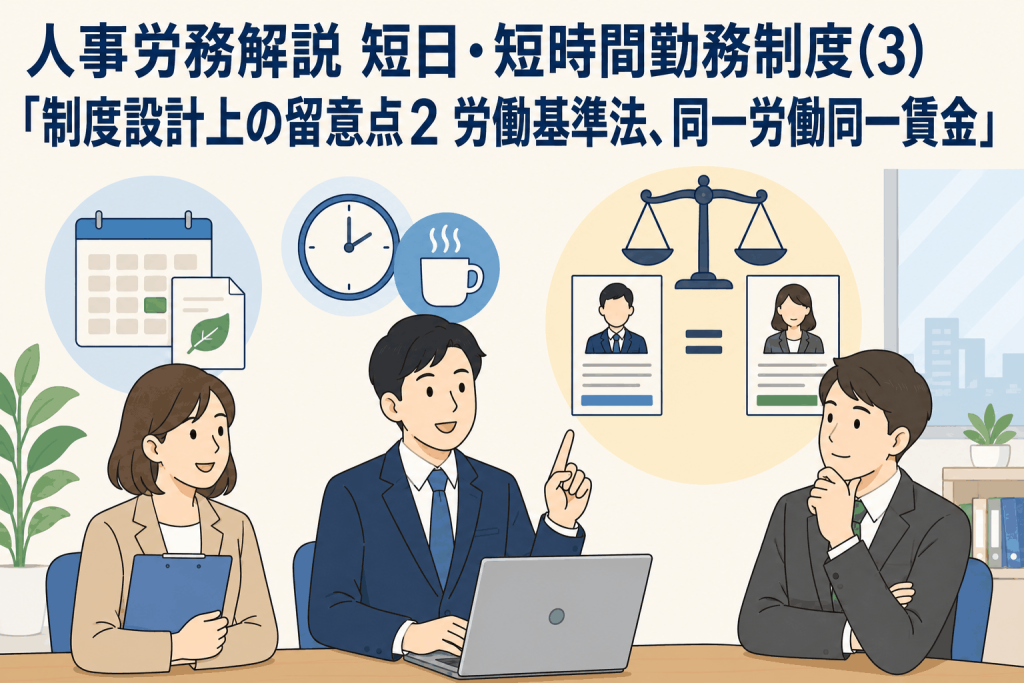 人事労務解説 短日・短時間勤務制度(3)「制度設計上の留意点2 労働基準法、同一労働同一賃金」