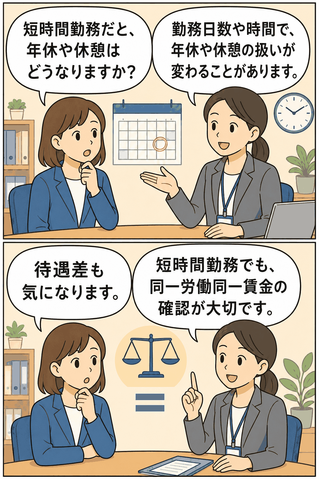 短時間勤務における年次有給休暇・休憩時間・同一労働同一賃金の注意点を人事担当者が説明するイラスト