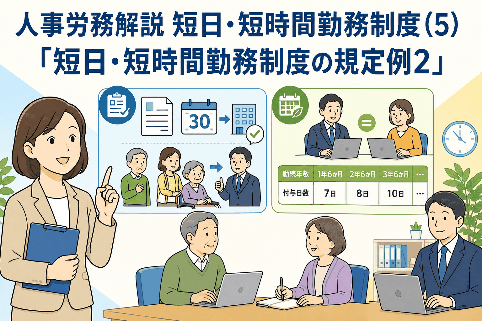 定年後再雇用の短日・短時間勤務制度における申請・承認ルールと年次有給休暇の比例付与を解説するイラスト