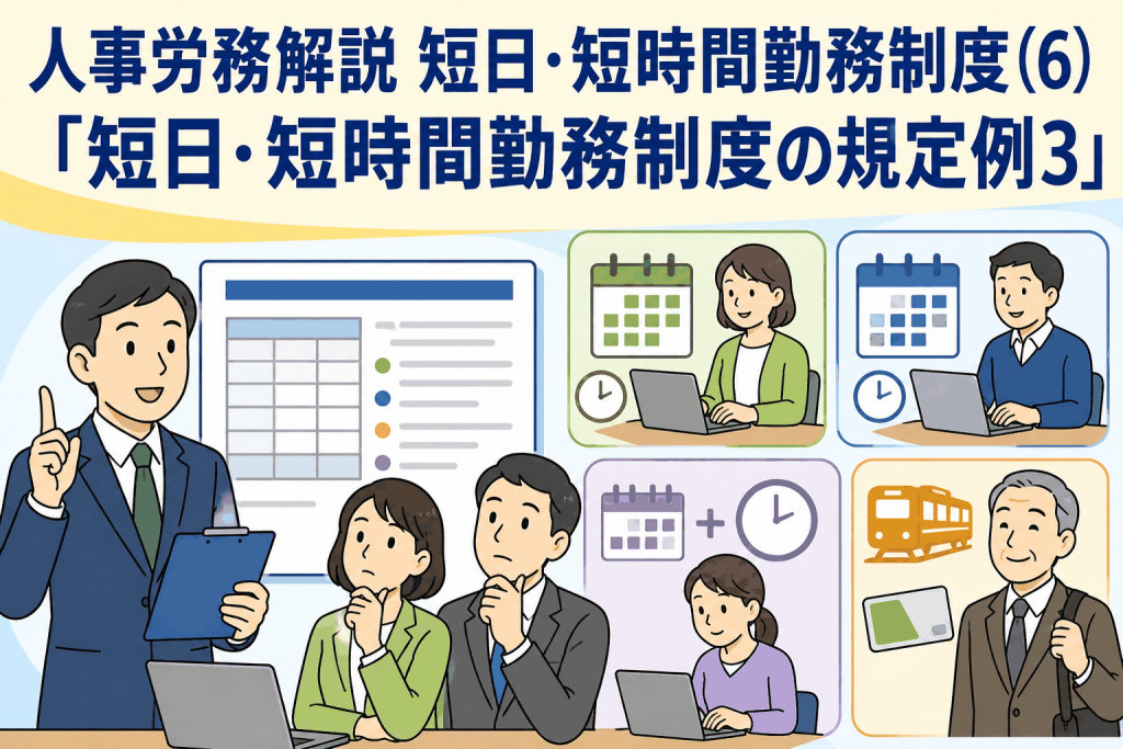 短日・短時間勤務制度の規定例3を解説する人事労務イラスト。定年後再雇用の嘱託社員を対象に、基本給の算定方法と通勤手当の支給ルールを紹介