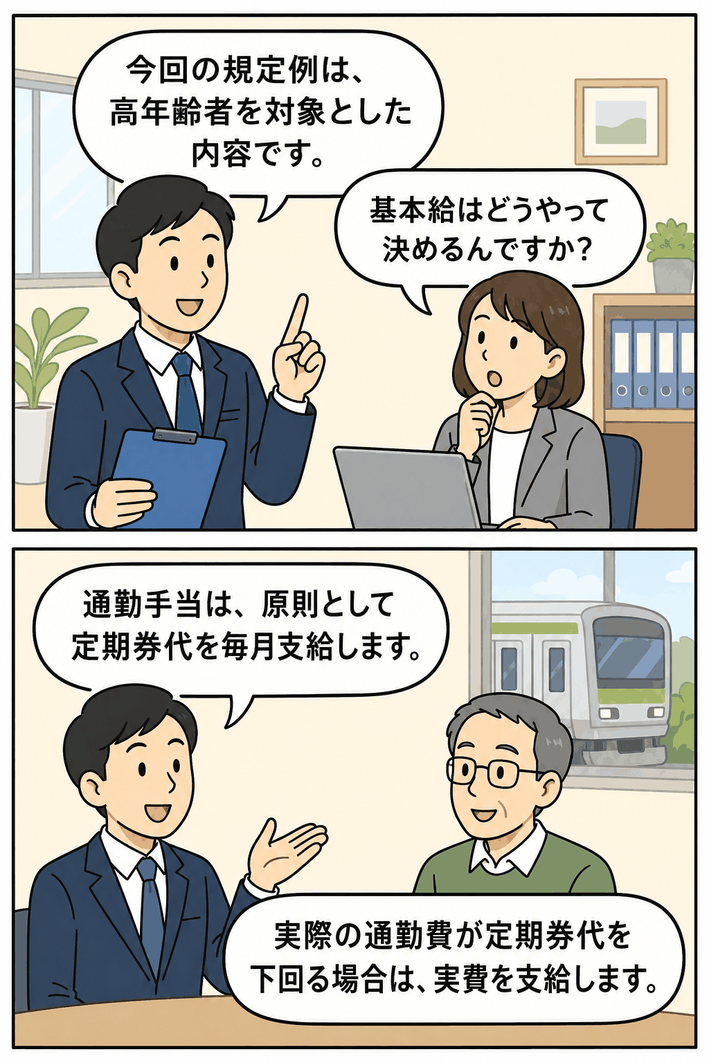 短日・短時間勤務制度の規定例を解説するイラスト。高年齢者を対象に、嘱託社員の基本給の決め方と通勤手当の支給方法を紹介