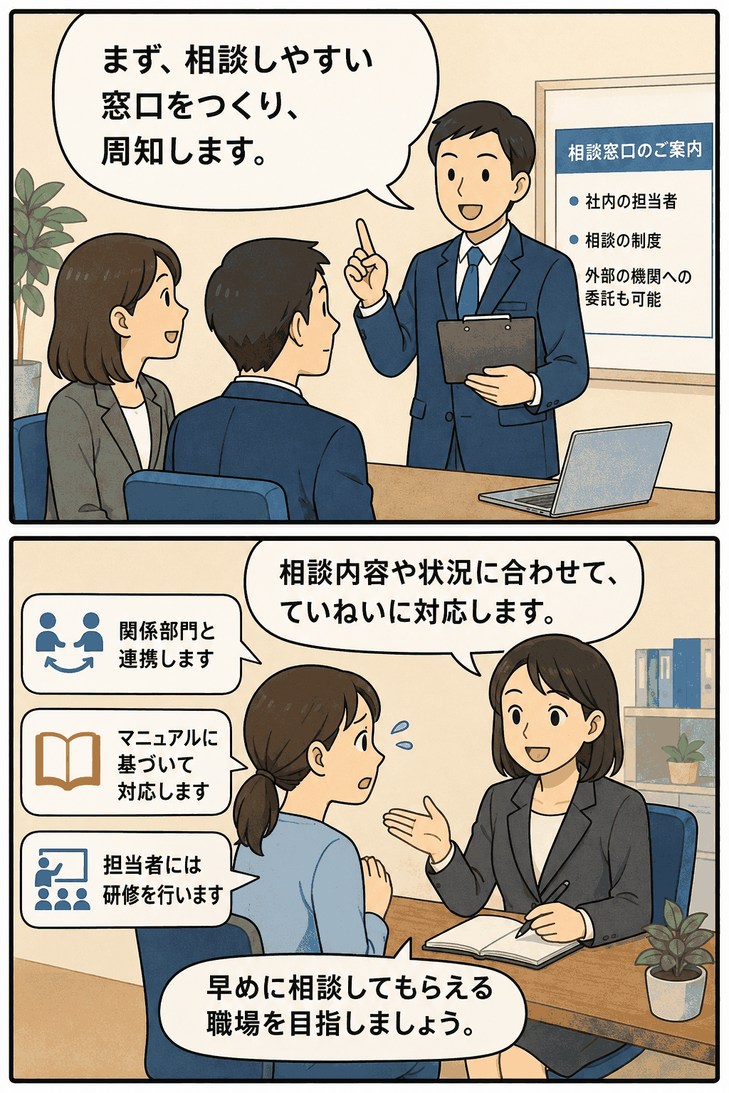 カスハラ相談窓口の設置と、関係部門との連携・マニュアル・研修による相談対応体制を説明するイラスト