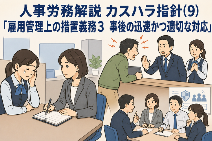 「事後の迅速かつ適切な対応」を示す、相談対応・事実確認・被害者保護・再発防止のイラスト