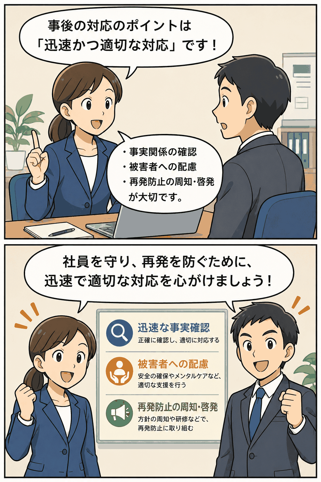 カスハラ発生後の迅速かつ適切な対応について、事実関係の確認、被害者への配慮、再発防止の周知・啓発を説明する人事労務のイラスト