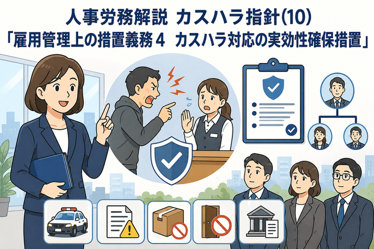 カスハラ対応の実効性確保措置を解説する図。警察への通報、警告文の発出、販売・サービス提供の拒否、施設への出入り禁止、仮処分命令の申立てなど、悪質なカスタマーハラスメントへの対処例を示している。