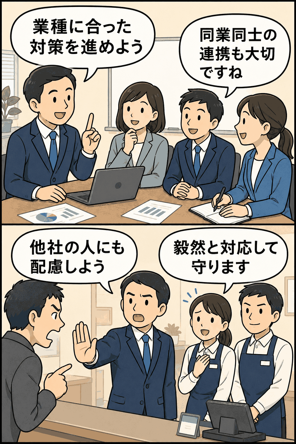 カスハラ対策について業種に合った対応や同業者との連携、他社労働者への配慮を話し合う職場のイラスト