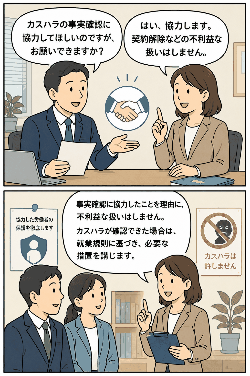 カスハラの事実確認に協力する労働者を不利益に扱わず保護し、確認後に必要な措置を講じるカスハラ防止の取り組み