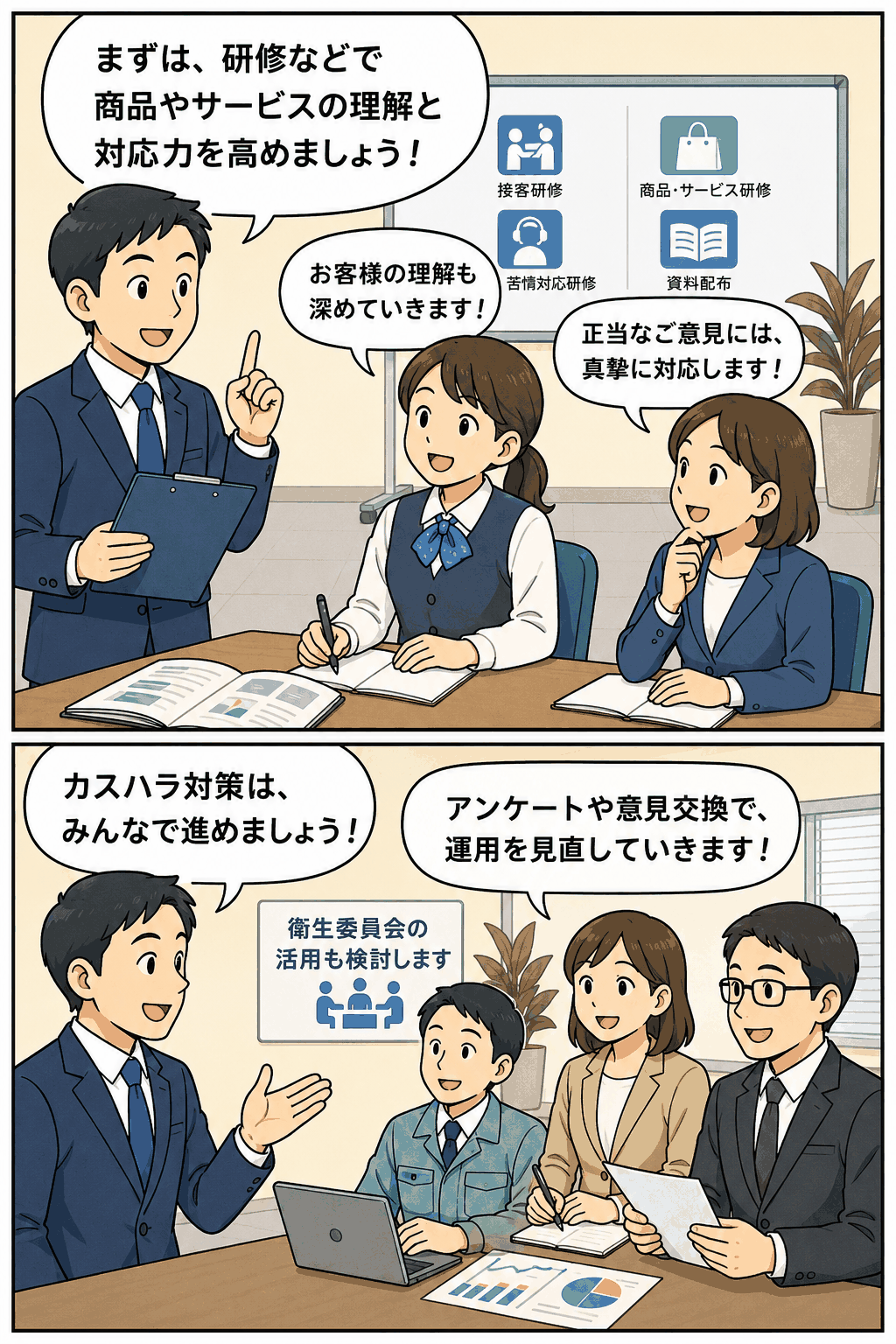カスハラ防止研修や商品・サービス理解、アンケートや意見交換、衛生委員会の活用など、職場全体でカスタマーハラスメント対策を進める様子を描いたイラスト。