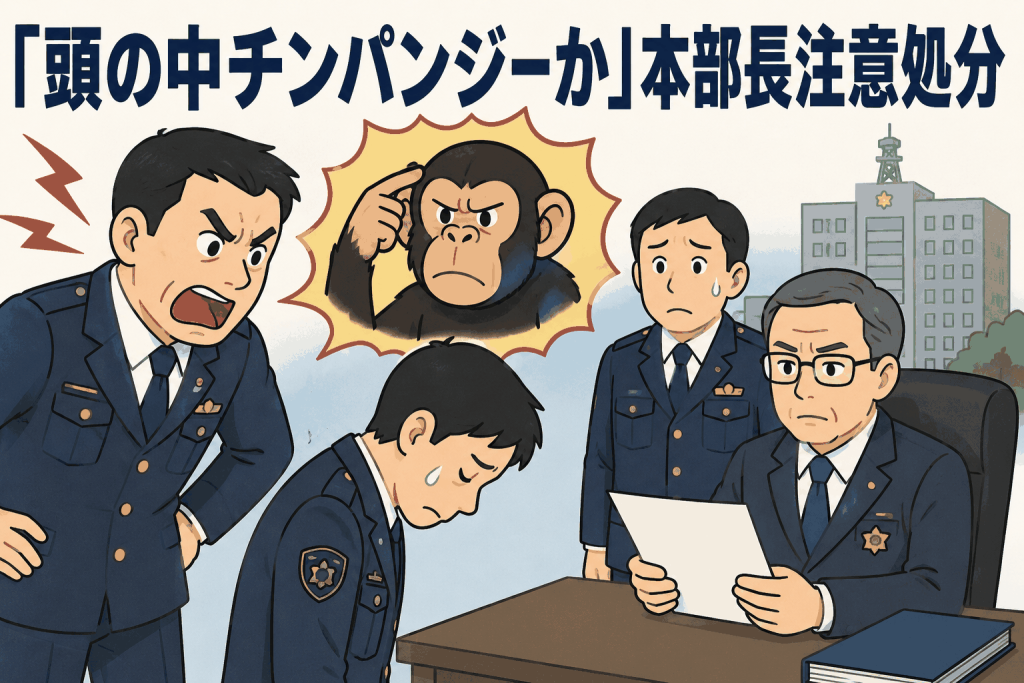 部下に「頭の中はチンパンジーか」と暴言を吐き、本部長注意の処分を受けた警部補を描いたイラスト