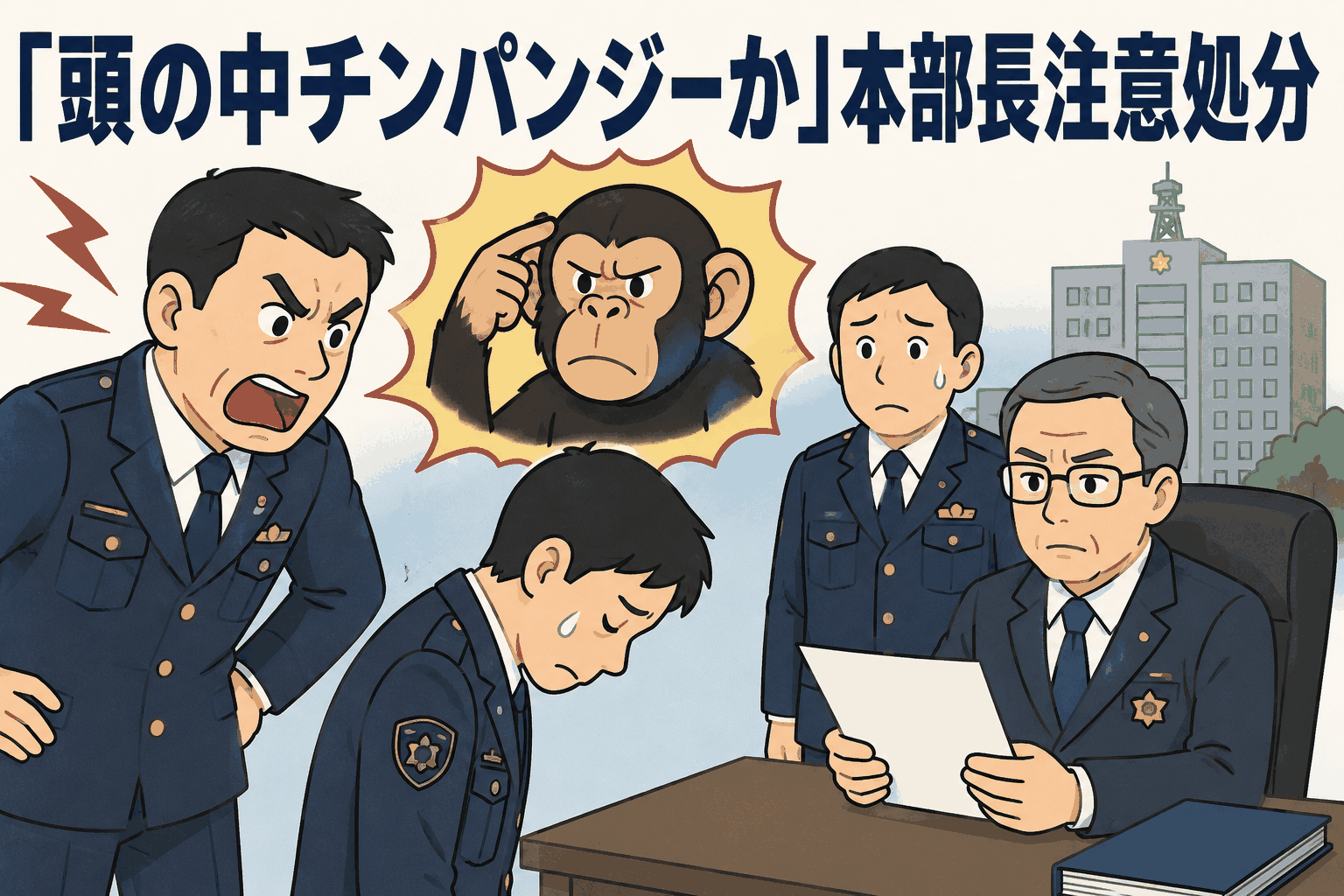 部下に「頭の中はチンパンジーか」と暴言を吐き、本部長注意の処分を受けた警部補を描いたイラスト