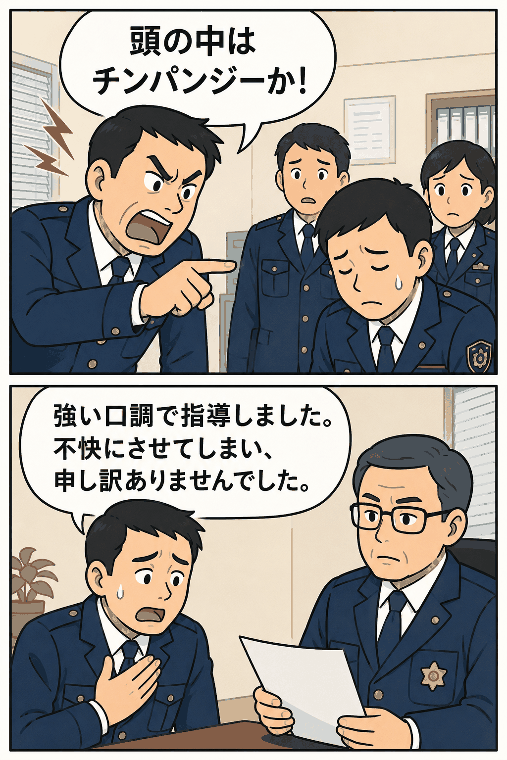 部下に「頭の中はチンパンジーか」と暴言を浴びせる警部補と、本部長注意を受けて謝罪する場面のイラスト