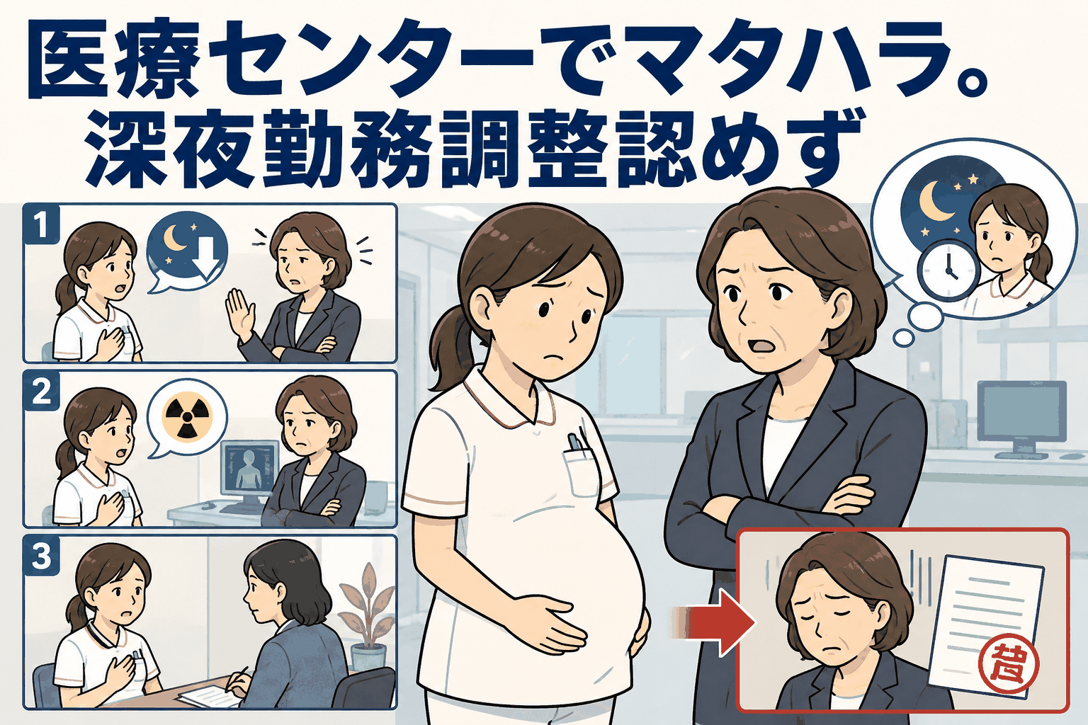 妊娠中の看護師が深夜勤務の軽減や放射線業務からの配置転換を相談するも、看護管理者に拒否され、マタハラ認定と処分に至った事例のイラスト