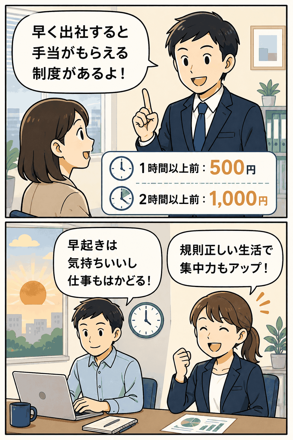 早朝出勤手当として始業1時間以上前は500円、2時間以上前は1,000円が支給される制度を説明する社員のイラスト