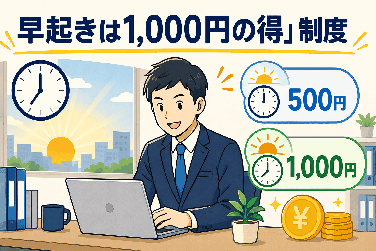 早朝出勤で500円または1,000円の手当が支給される「早起きは1,000円の得制度」のイメージ