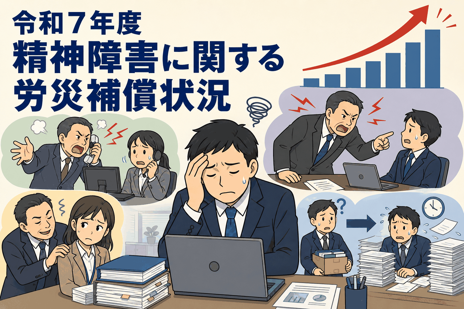 令和7年度の精神障害に関する労災補償状況を示すイラスト。職場でのパワハラやセクハラ、顧客からの迷惑行為、仕事量の増加などに悩む会社員と、労災件数の増加を表すグラフ。