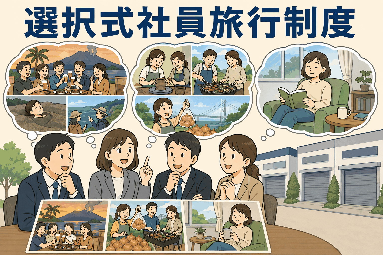 選択式社員旅行制度を導入した自動車販売会社の従業員が、鹿児島旅行・淡路島日帰り旅行・3連休から希望の過ごし方を選ぶイメージ