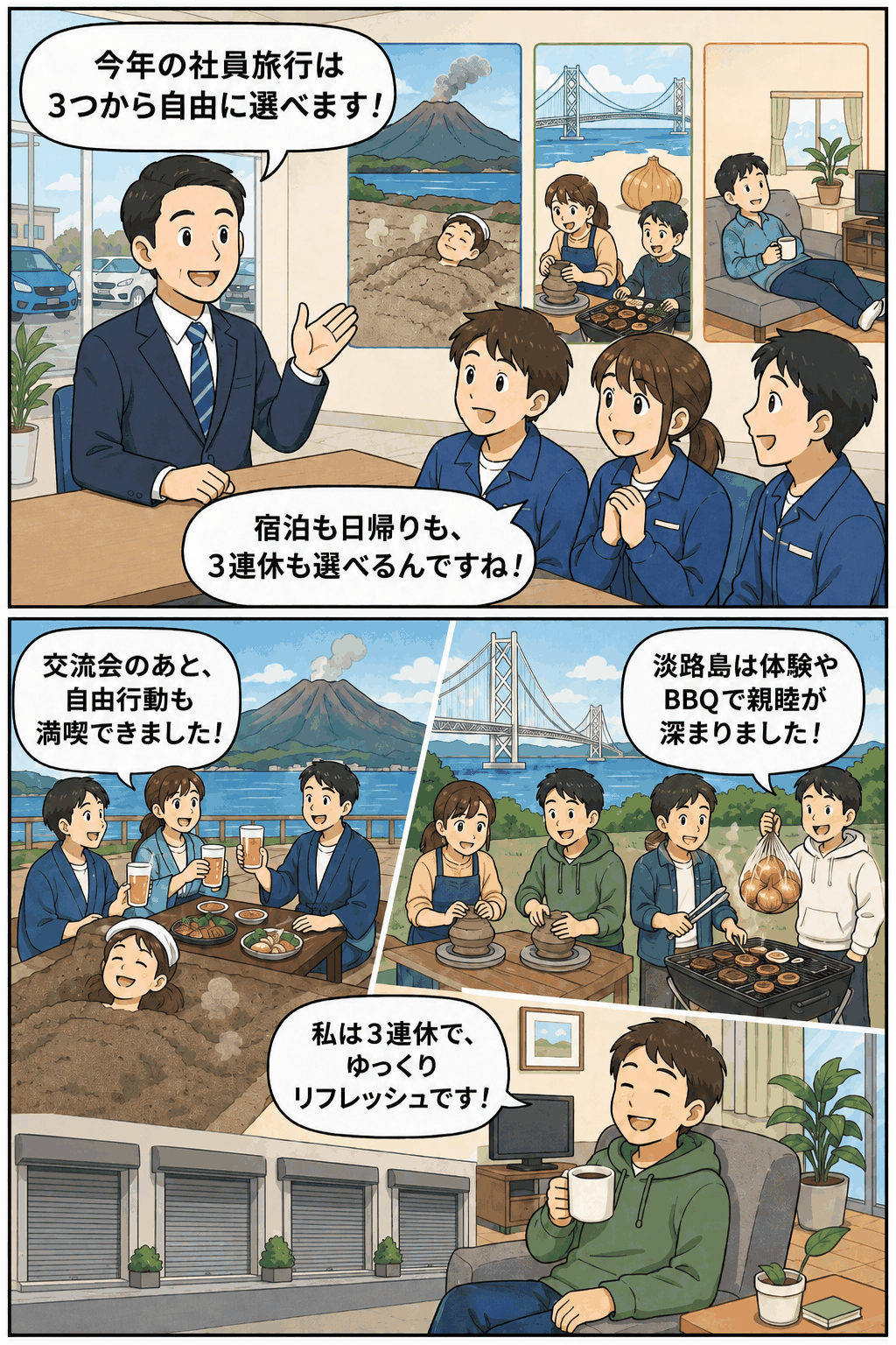 鹿児島2泊3日・淡路島日帰り・3連休から自由に選べる選択式社員旅行制度を紹介する自動車販売会社のイラスト