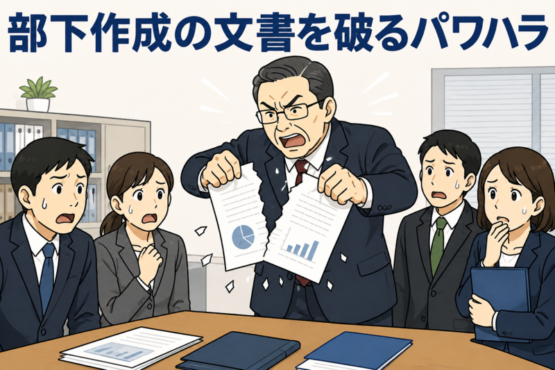 自衛隊の病院で複数の部下にパワハラを行い、部下作成の文書を破る佐官を描いたイメージ