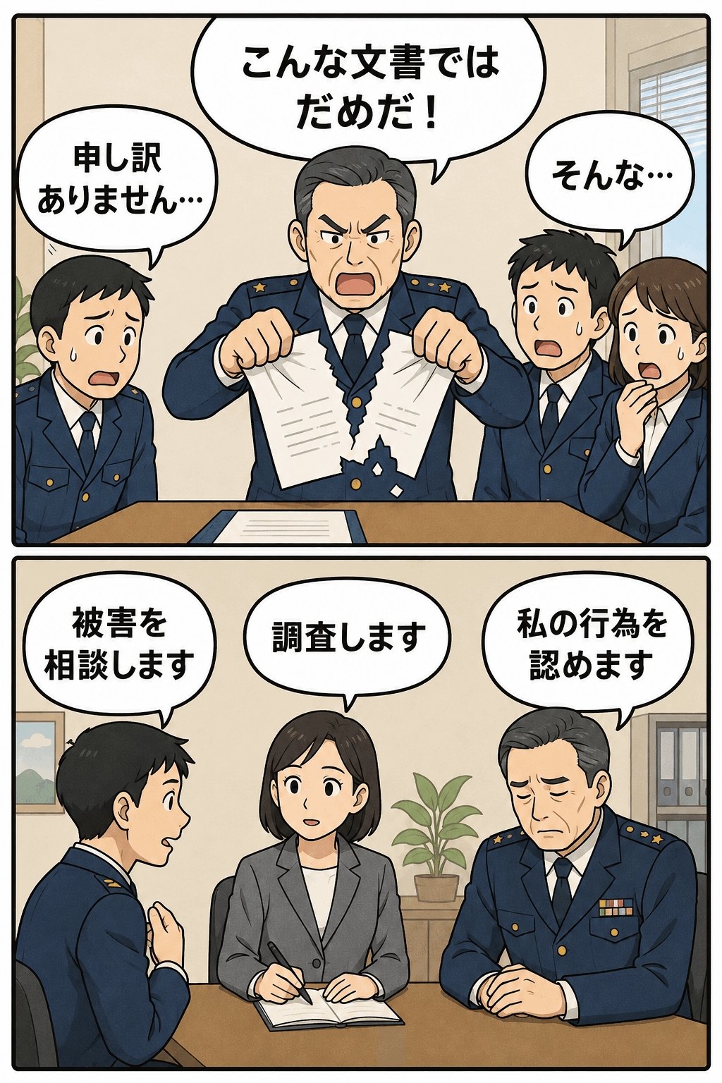 自衛隊病院で佐官が部下の文書を破るパワハラと、その後の被害申告・調査を描いたイラスト