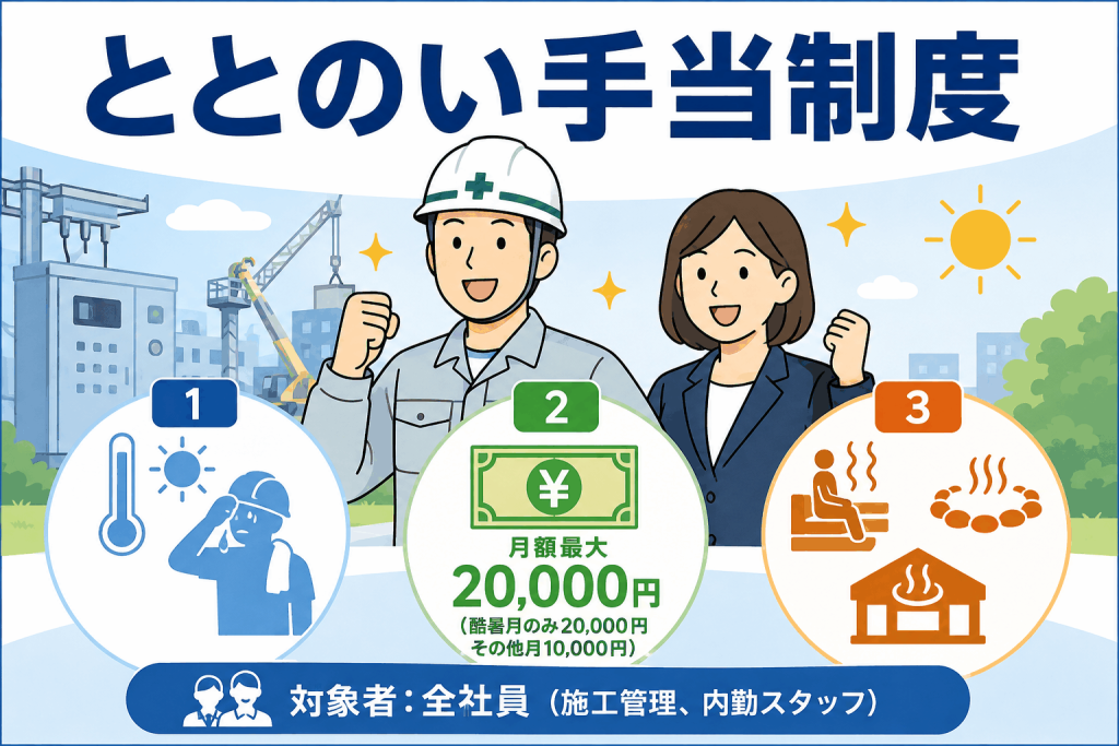 電気設備工事会社の「ととのい手当制度」を紹介する画像。全社員を対象に、酷暑時の身体的負担軽減を目的として月額最大2万円を支給し、サウナ・銭湯・日帰り温泉・スパ施設の利用費に還元。