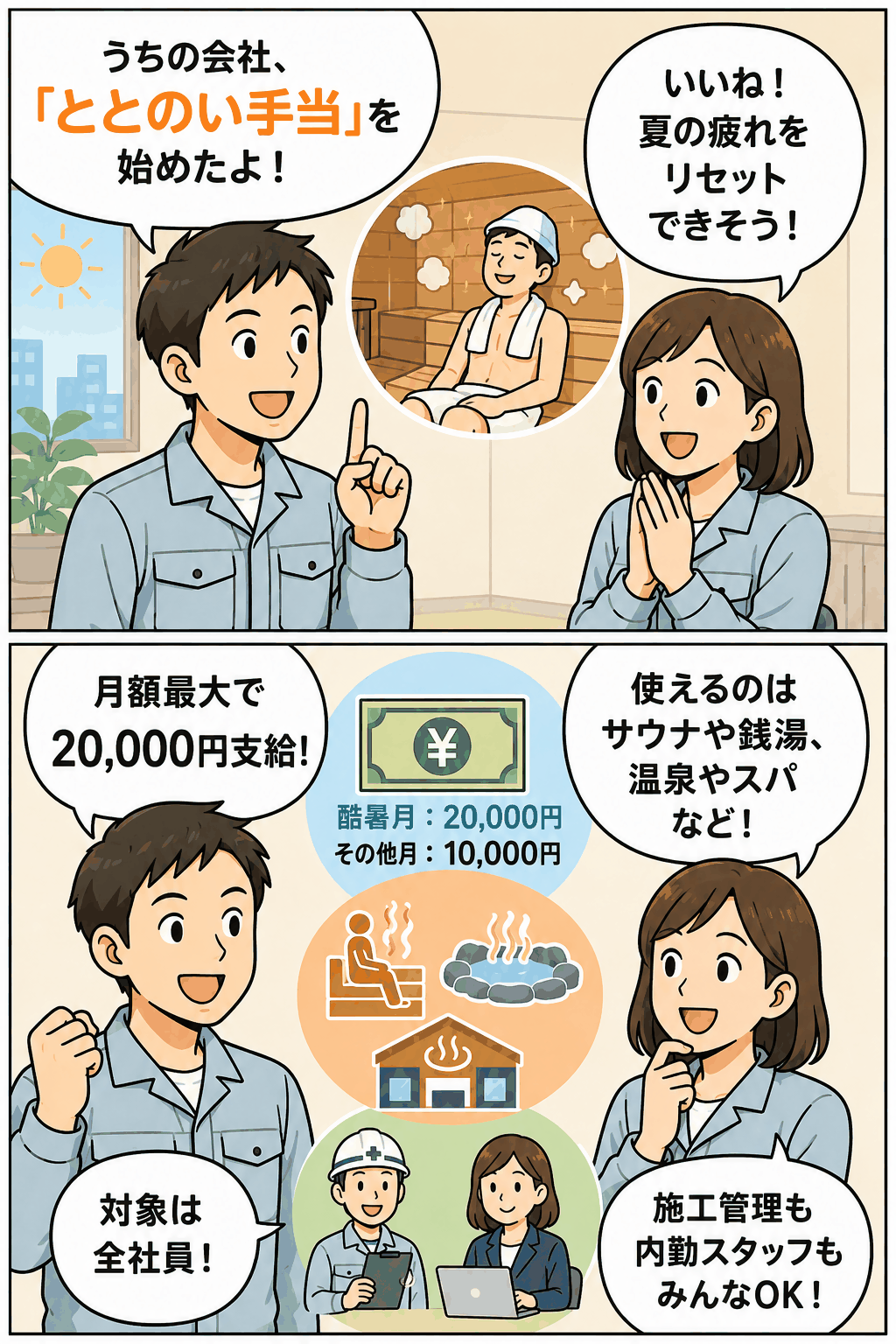 電気設備工事会社の「ととのい手当制度」を漫画形式で紹介。酷暑月は月額最大2万円、その他の月は1万円を支給し、サウナ・銭湯・日帰り温泉・スパ施設の利用費に活用できる全社員対象の福利厚生制度。