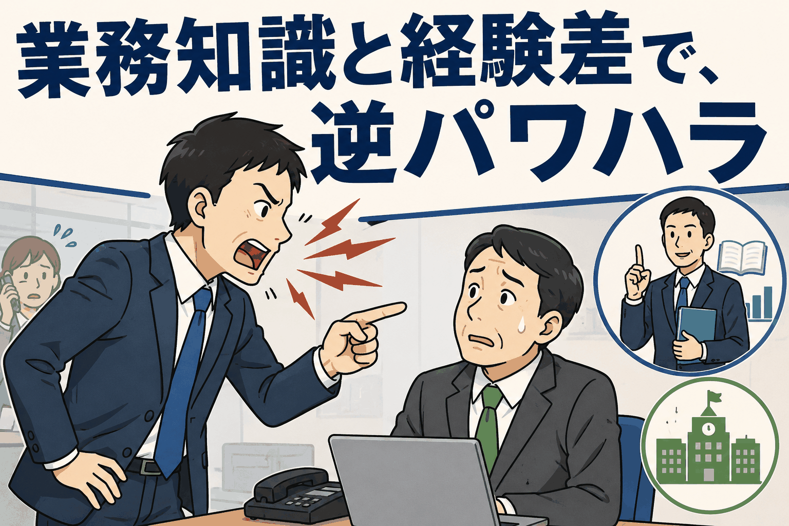 業務知識と経験の差を背景に、経験豊富な部下が異動直後の上司へ強く意見する逆パワハラのイメージ
