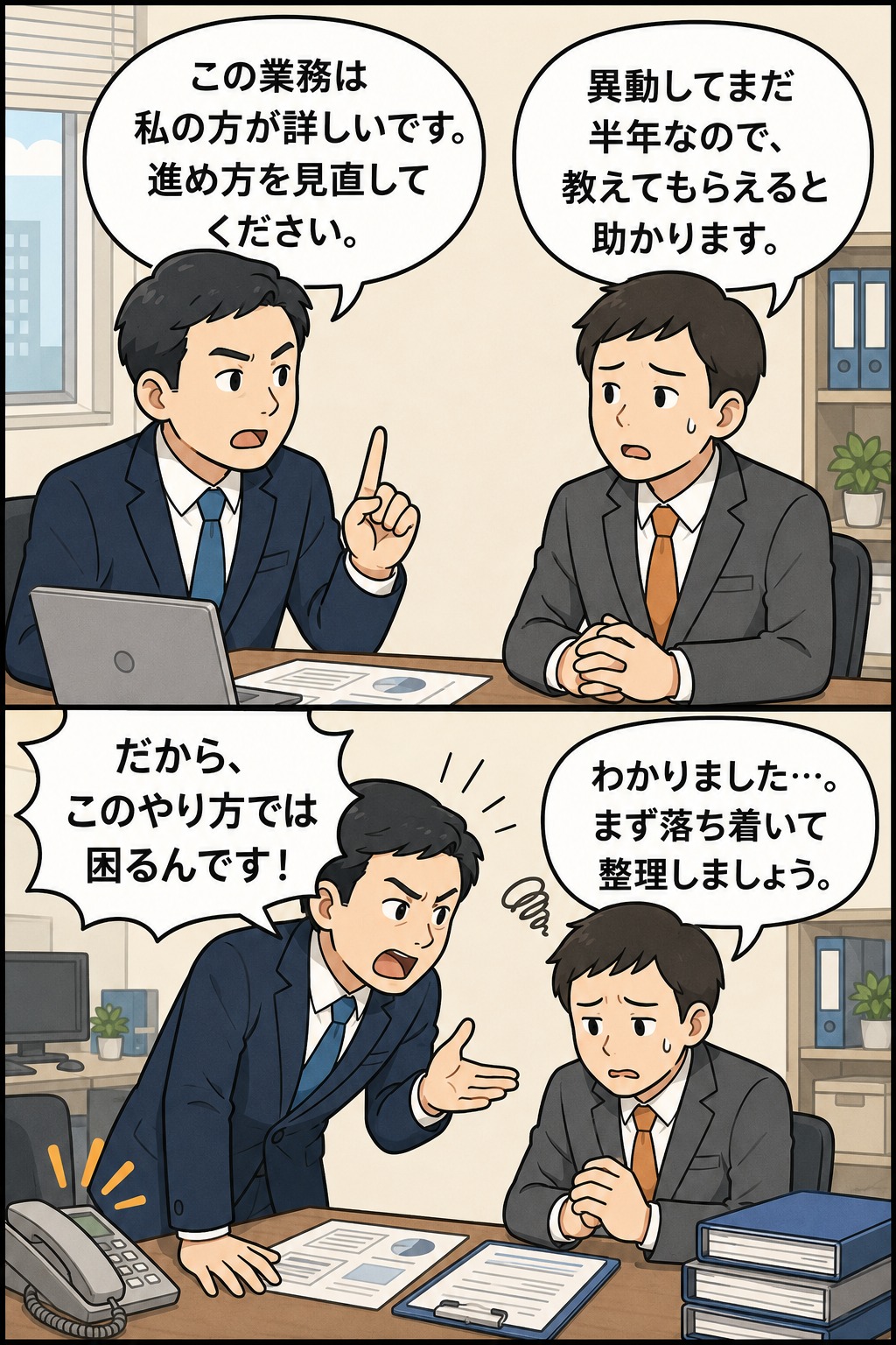 業務に詳しい部下が異動直後の上司へ強い口調で意見し、上司が困惑している逆パワハラの事例